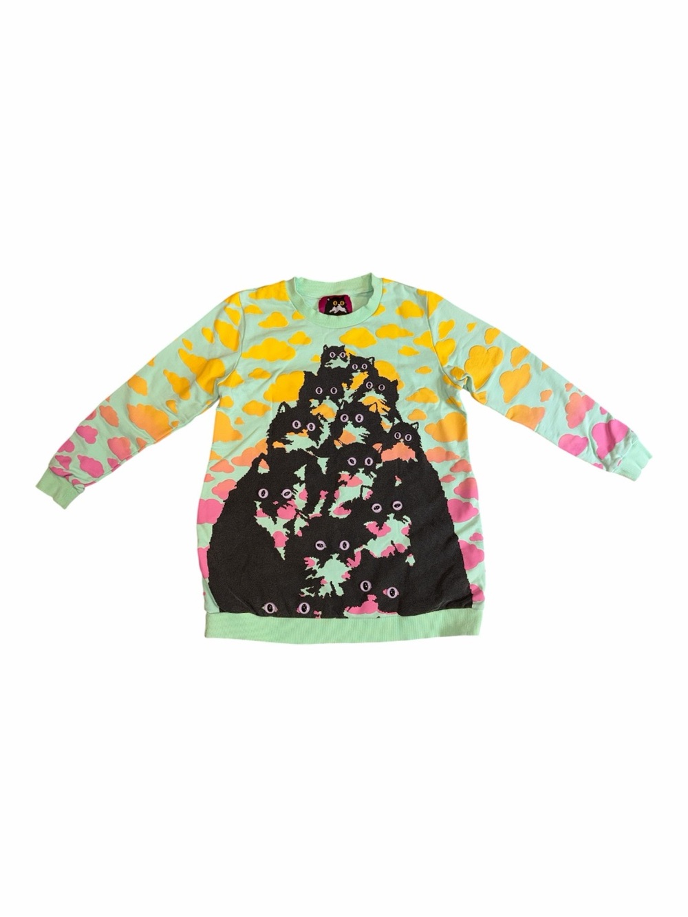 Mint Green Cat-Graphic Sweatshirt with Yellow & Pink Accents